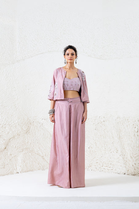 Onion pink sequence crop jacket with bustier and hybrid pant set