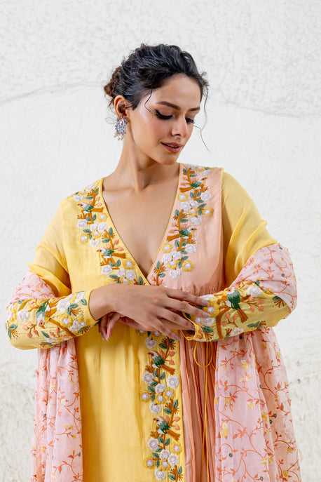 Yellow and peach angarakha with palazzo and printed chiffon dupatta