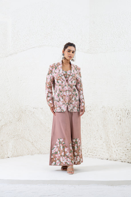 Onion pink embroidered pantsuit with bustier