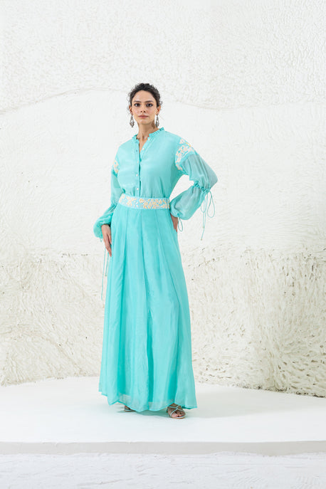 Aqua embroidered shirt with embroidered skirt