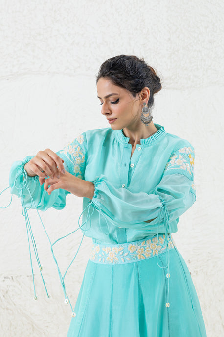 Aqua embroidered shirt with embroidered skirt