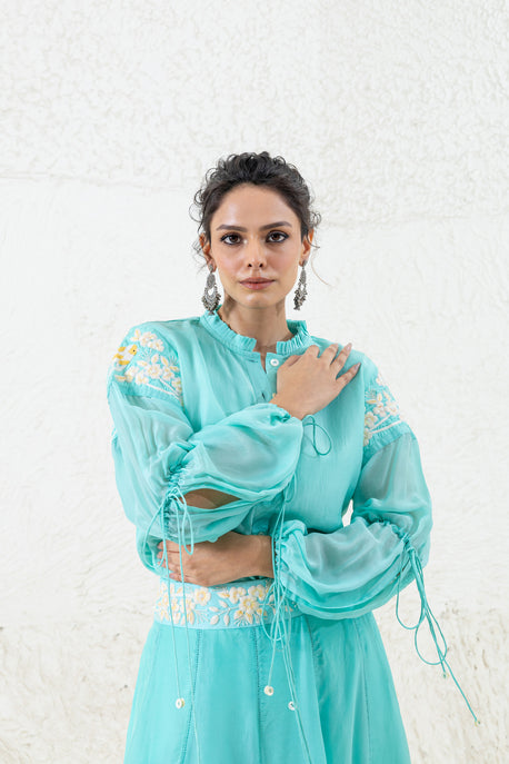 Aqua embroidered shirt with embroidered skirt