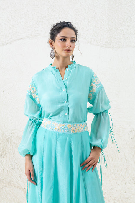 Aqua embroidered shirt with embroidered skirt