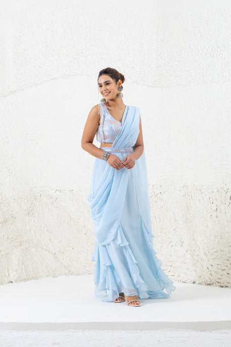 Blue habotai silk pre draped saree with embroidered blouse and belt