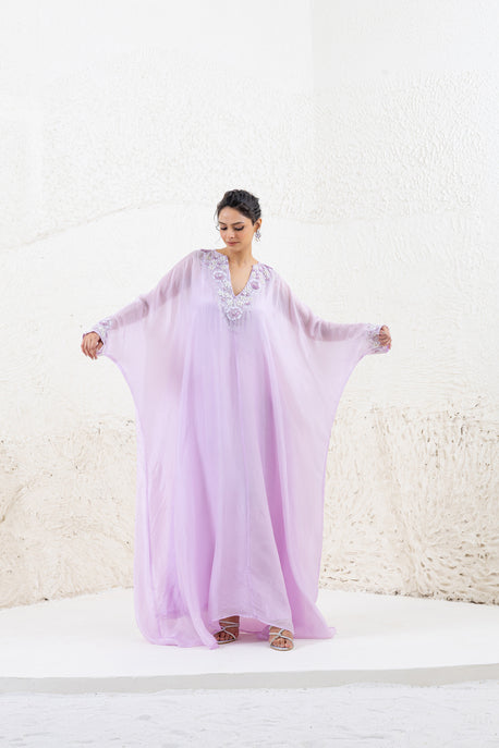 Lilac habotai silk sequence embroidered kaftan