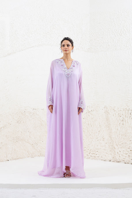 Lilac habotai silk sequence embroidered kaftan