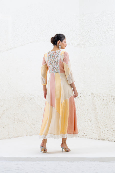 Peach, beige and yellow color blocked splicing embroidered midi