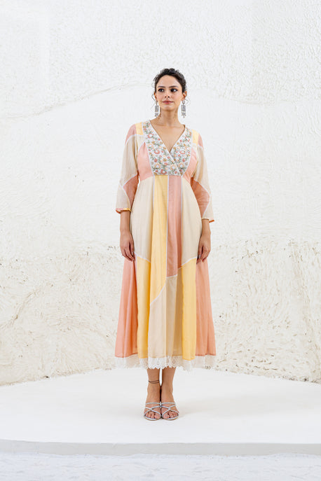 Peach, beige and yellow color blocked splicing embroidered midi