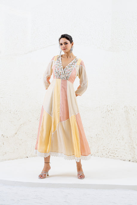 Peach, beige and yellow color blocked splicing embroidered midi