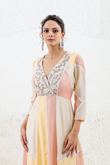 Peach, beige and yellow color blocked splicing embroidered midi