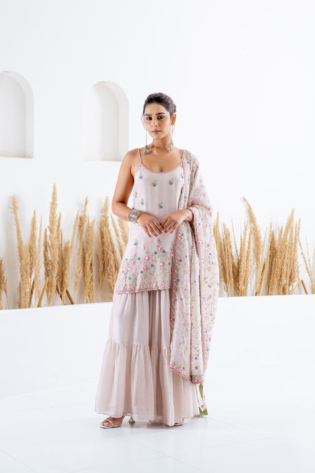 Nude habotai silk short kurta with sharara and dupatta