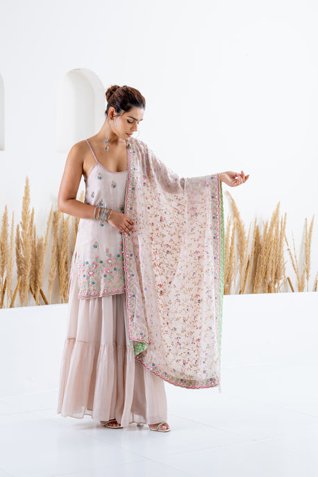 Nude habotai silk short kurta with sharara and dupatta