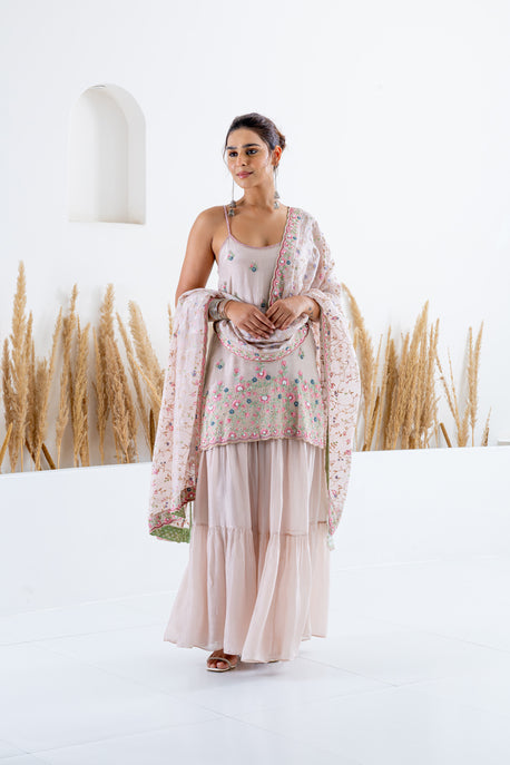 Nude habotai silk short kurta with sharara and dupatta