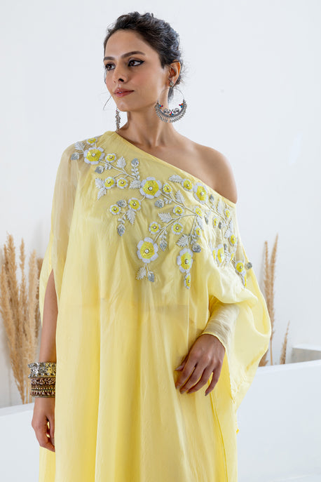 Yellow habotai silk cape with pleated skirt