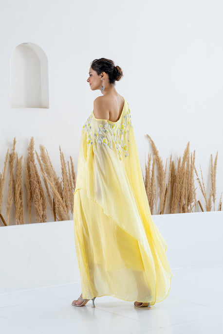 Yellow habotai silk cape with pleated skirt