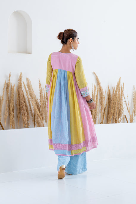 Color block printed front open kalidar kurta with palazzo