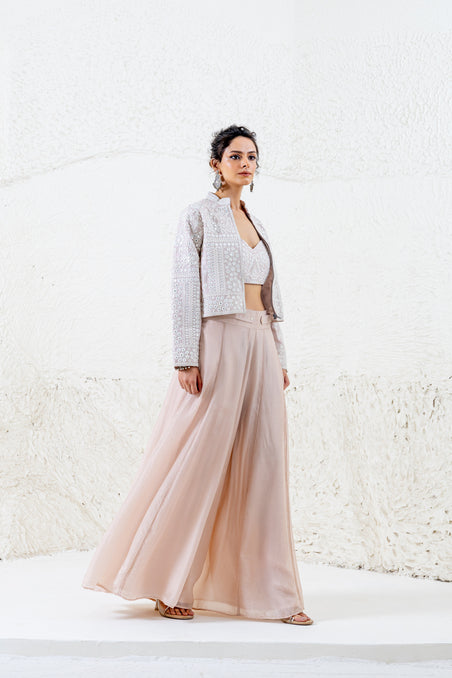 Nude mirror work crop jacket with palazzo and bustier