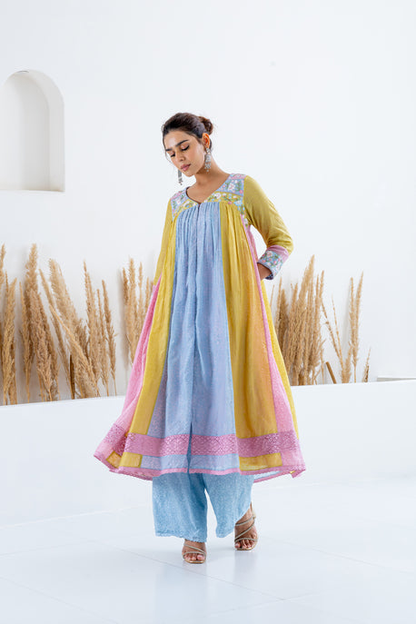 Color block printed front open kalidar kurta with palazzo