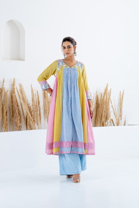 Color block printed front open kalidar kurta with palazzo