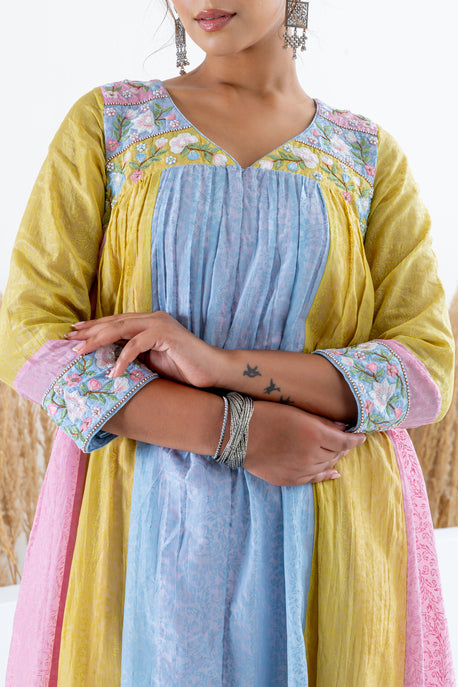 Color block printed front open kalidar kurta with palazzo