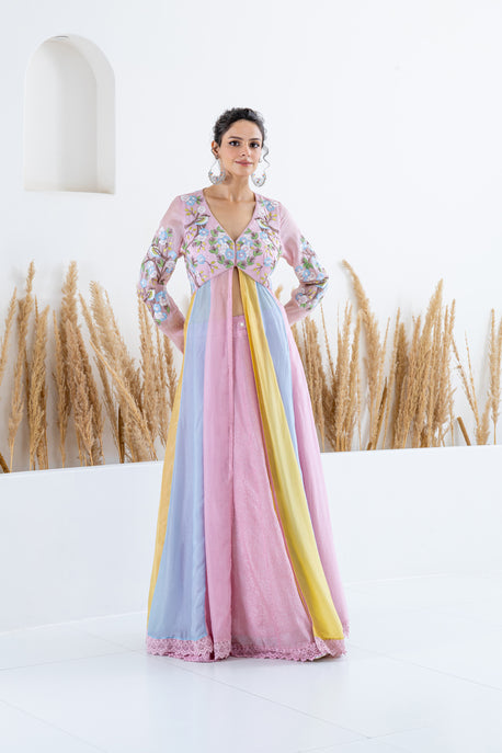 Color block front open kalidar anarkali with printed skirt