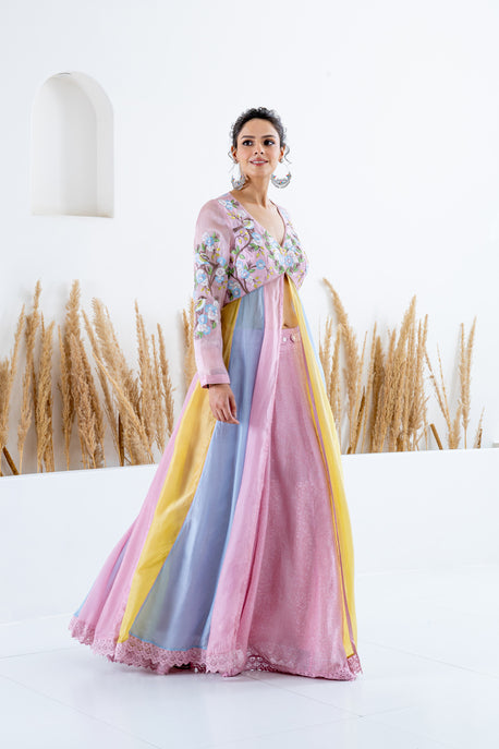 Color block front open kalidar anarkali with printed skirt