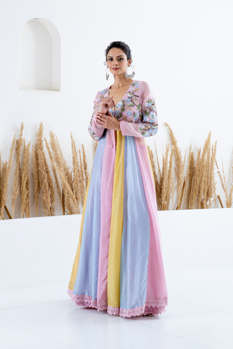 Color block front open kalidar anarkali with printed skirt