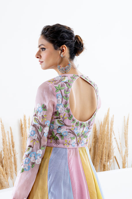 Color block front open kalidar anarkali with printed skirt