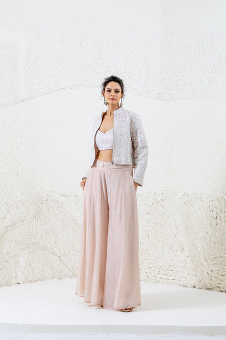 Nude mirror work crop jacket with palazzo and bustier