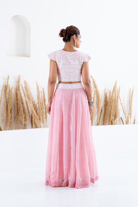 Pink habotai silk kalidar skirt with embroidered crop top