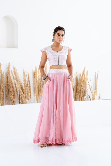 Pink habotai silk kalidar skirt with embroidered crop top