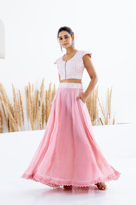 Pink habotai silk kalidar skirt with embroidered crop top