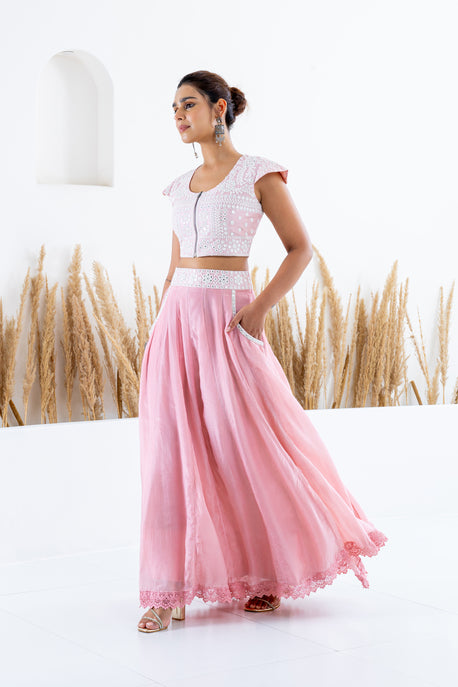 Pink habotai silk kalidar skirt with embroidered crop top