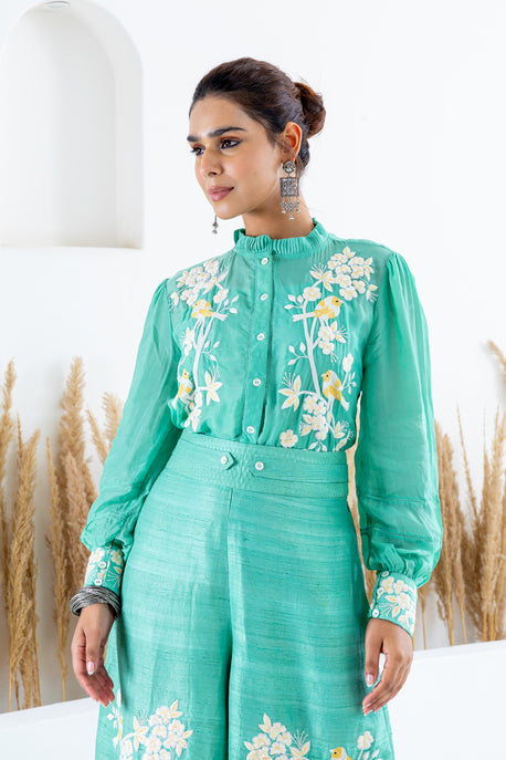 Aqua green raw silk embroidered pants with habotai silk embroidered shirt