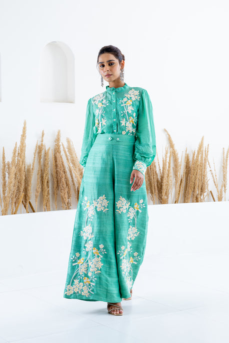 Aqua green raw silk embroidered pants with habotai silk embroidered shirt