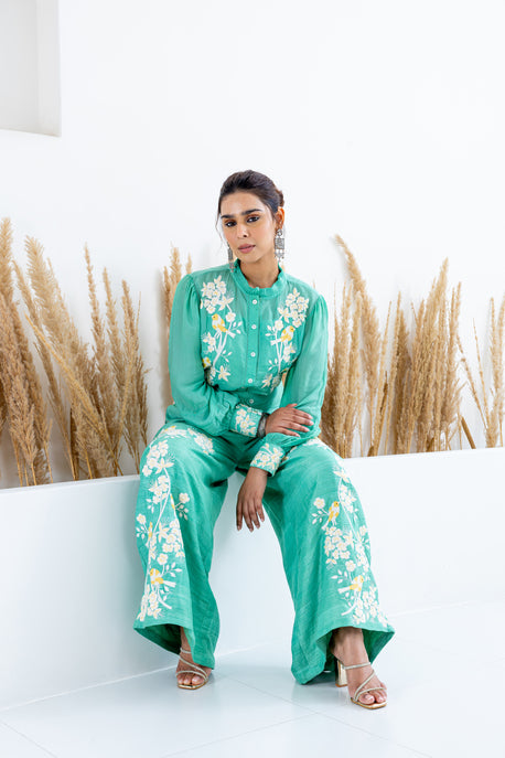 Aqua green raw silk embroidered pants with habotai silk embroidered shirt