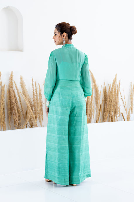 Aqua green raw silk embroidered pants with habotai silk embroidered shirt