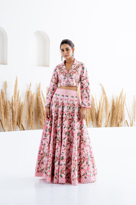 Pink embroidered kalidar shirt with embroidered crop top