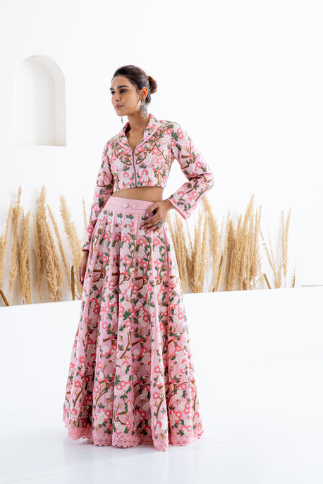 Pink embroidered kalidar shirt with embroidered crop top