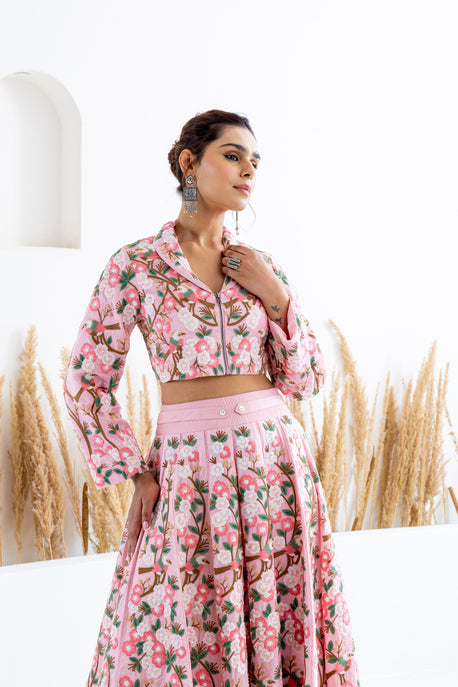 Pink embroidered kalidar shirt with embroidered crop top