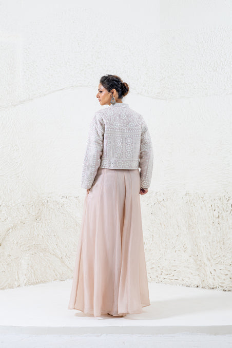 Nude mirror work crop jacket with palazzo and bustier