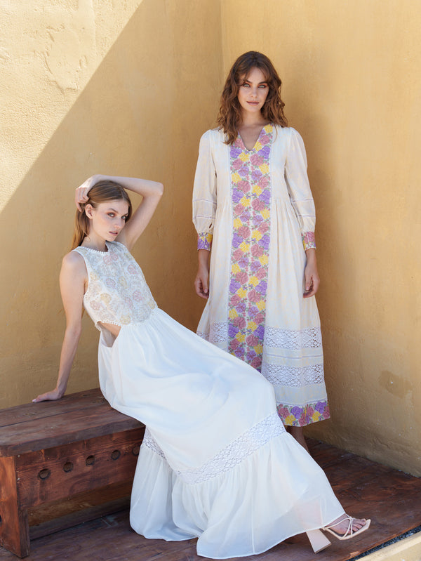 Bone cutwork gathered and  tiered midi with cord work  (colored) embroidered bodice