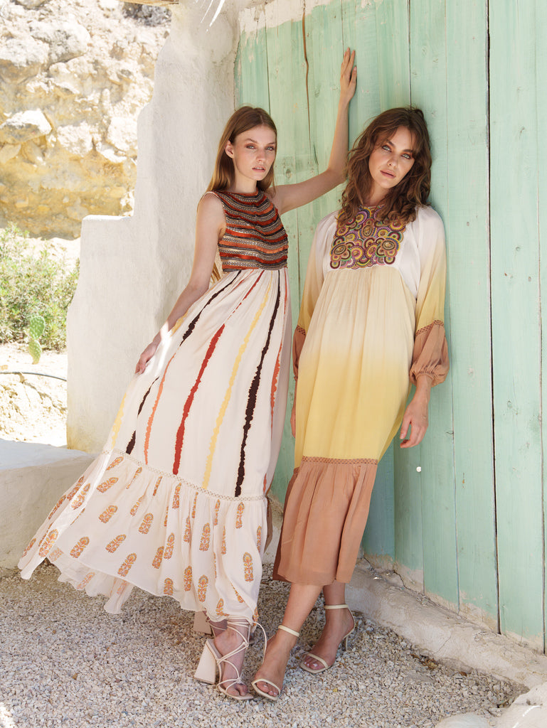 Bone crepe tie and dye and embroidered maxi