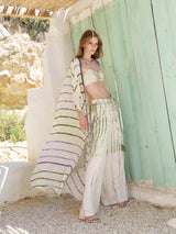 Bone crepe tie and dye and embroidered kimono throw with bustier and pajama