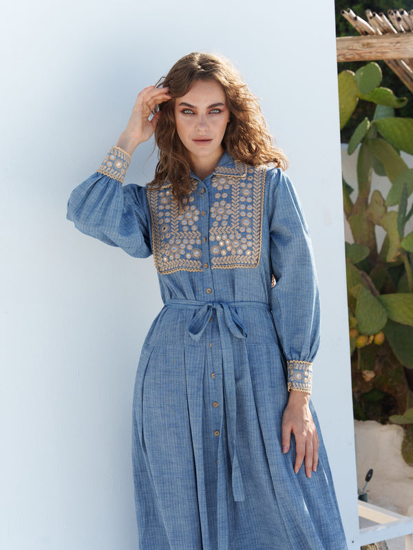 Blue stripe khadi mirror embroidered shirt dress with sash belt