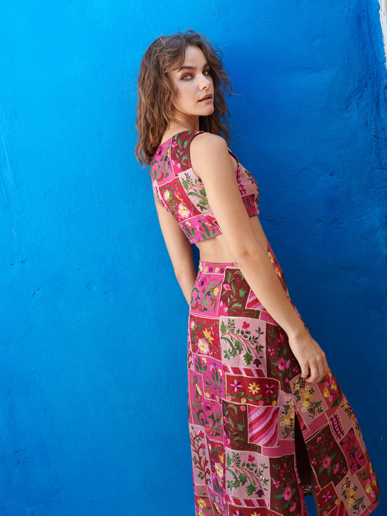 Red splices midi dress.