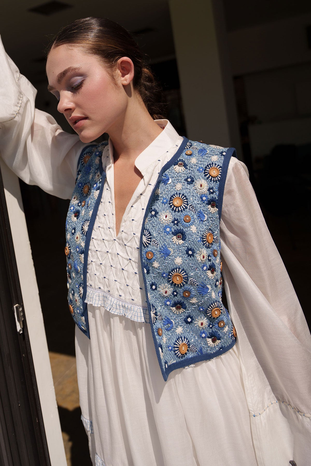 Blue embroidered waist coat