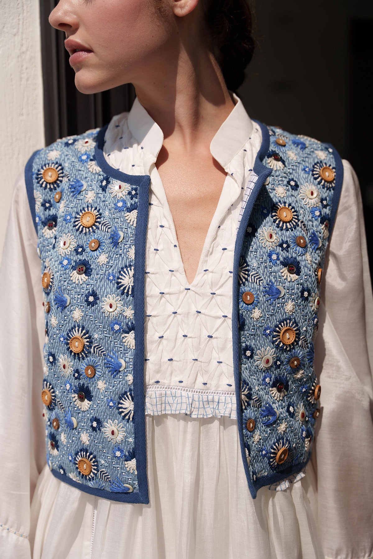 Blue embroidered waist coat