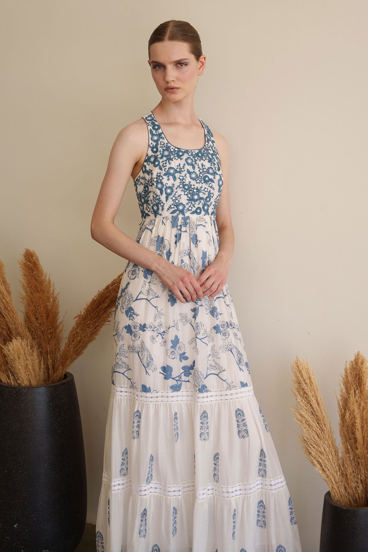 White printed tiered maxi with embroidered bodice