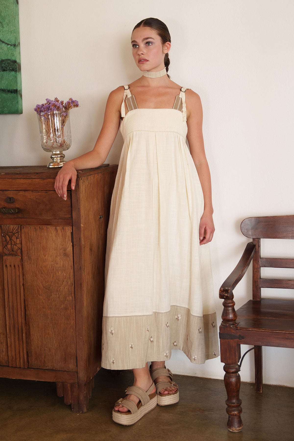 Ecru/beige ditsy embroidered midi dress